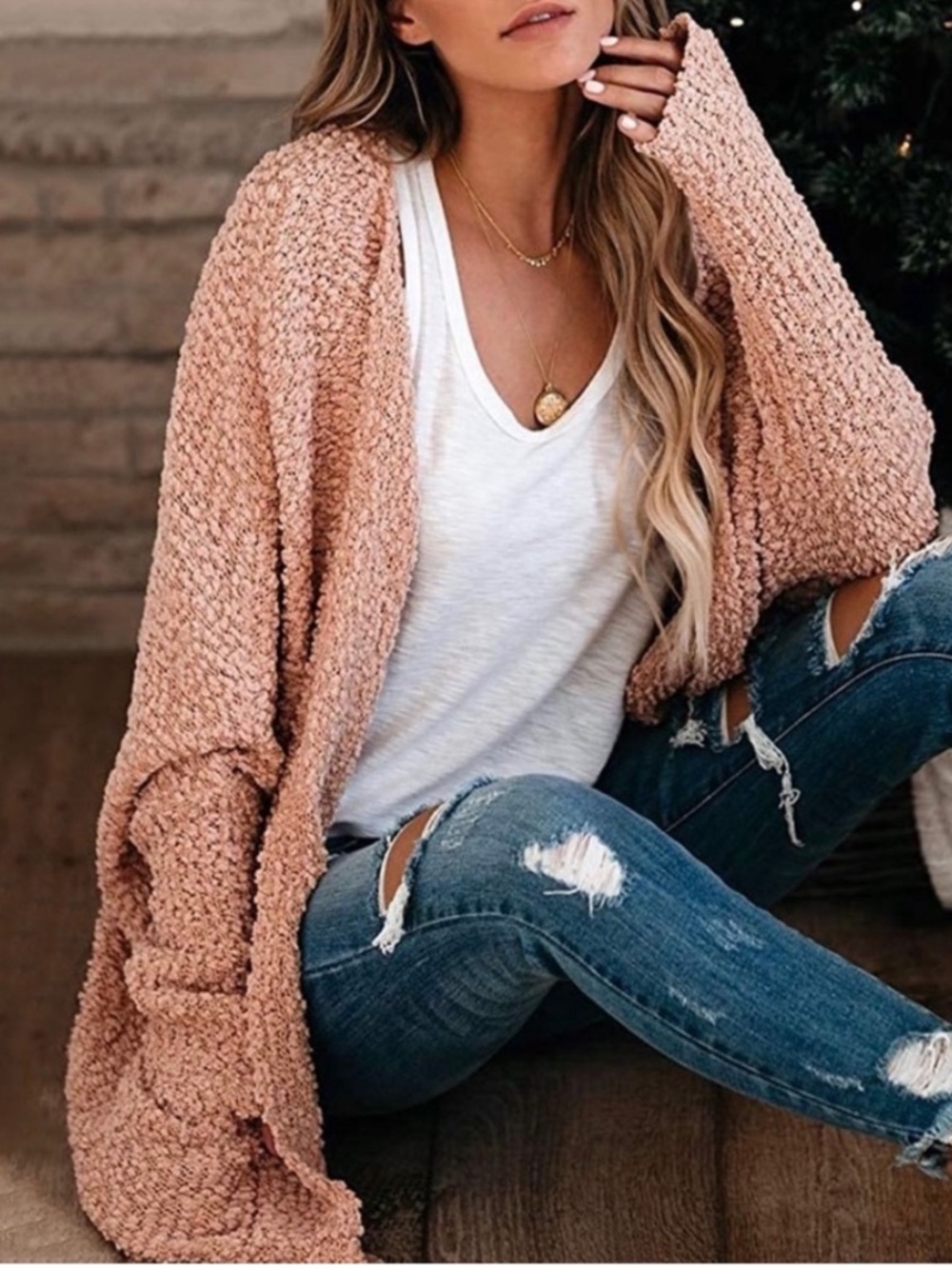 Listicle Blush Pink Popcorn Knit Open-Front Cardigan